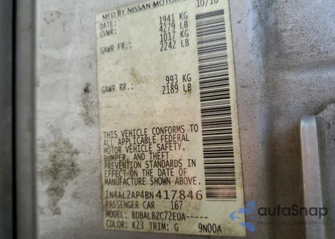 2011 Nissan Altima Base z USA, uszkodzony, nr VIN 1N4AL2AP4BN417846